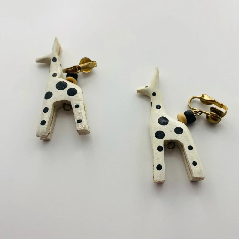 Vintage Wooden White Black Polka Dot Giraffe Earrings Clip ons